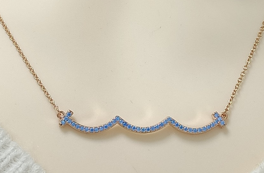 [N0210-2] Collar Tiffany T Ondas Pavé Azul Oro Rosa
