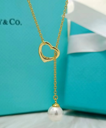 [N0220-3] Collar Tiffany Corazón Abierto Perla Oro y Piedra Verde