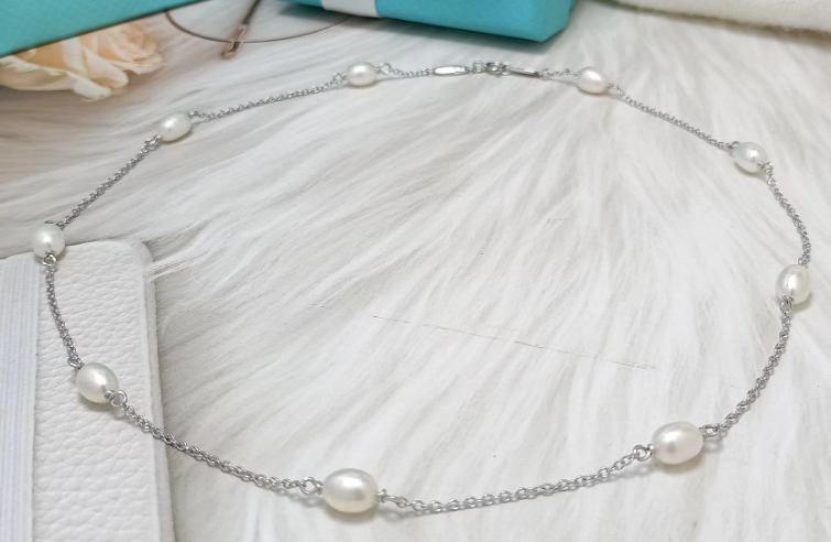 [N0330] Collar Perlas Cultivadas Estación Cadena Plata
