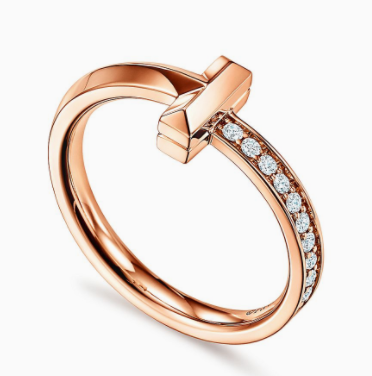 [TJZ-69] Anillo Tiffany T Barra Pavé Angosta Oro Rosa
