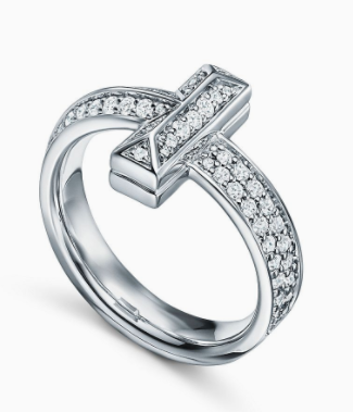 Anillo Tiffany T Barra Pavé Ancha Plata