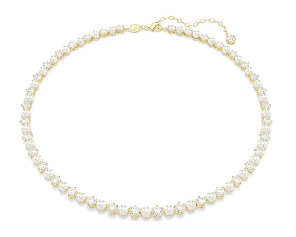 Collar Tenis Perlas y Cristal Alternado Tono Dorado