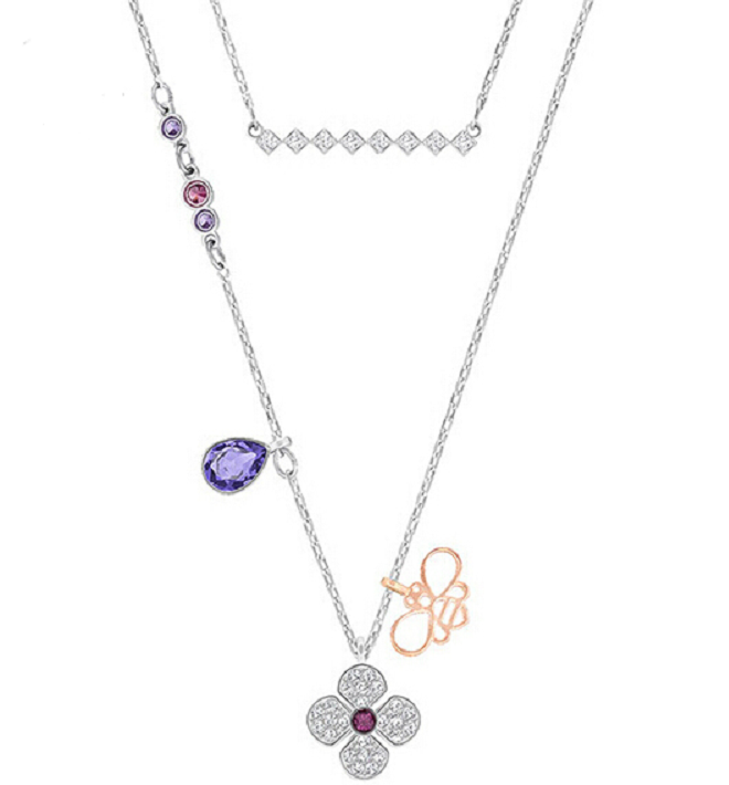 Collar Swarovski Set Trébol Amatista y Barra Rombos
