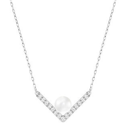 Collar Swarovski V Pavé y Perla Blanca Tono Plateado