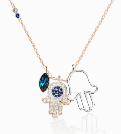 [X114] Collar Swarovski Hamsa Doble con Ojo Protector Azul