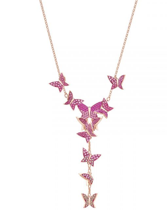 Collar Swarovski Cascada Mariposas Fucsia Colgante Vertical Oro Rosa