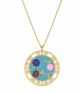 Collar Medallón Calado Turquesa con Flores Doradas