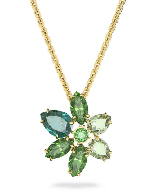 [X428-2] Collar Swarovski flor cristales verdes tono dorado
