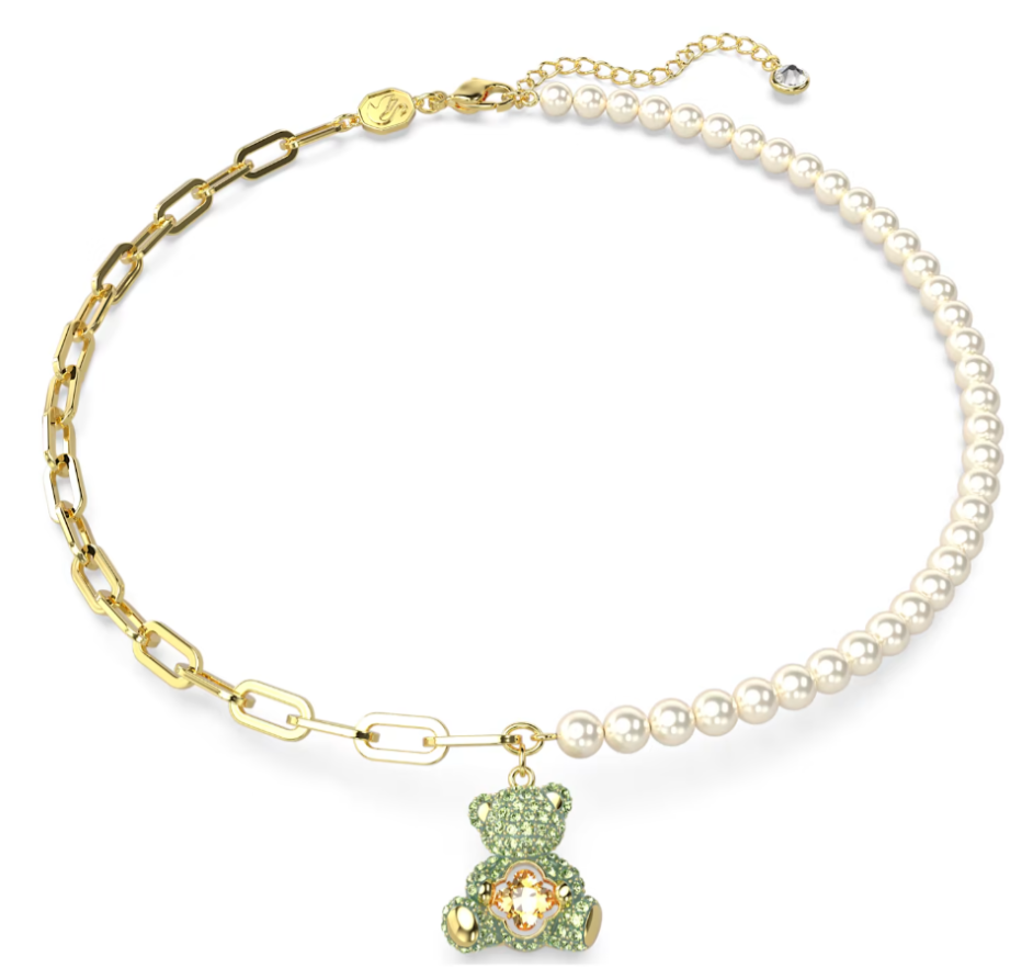 Collar Swarovski perlas oso pavé verde corazón