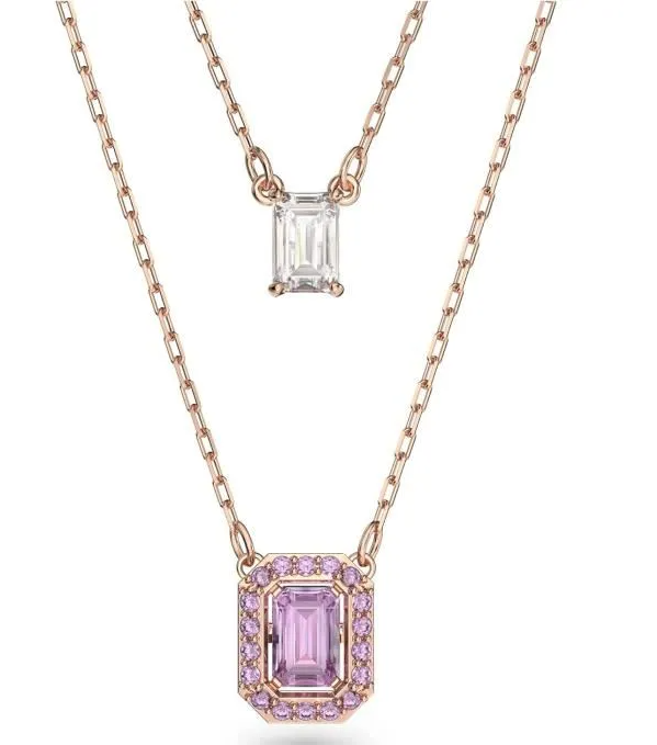 Collar Swarovski Doble Colgante Halo Lila Oro Rosa