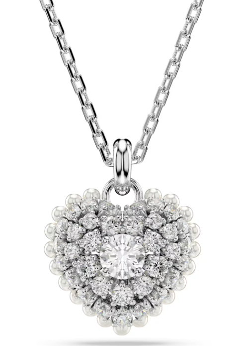 Collar Corazón Pavé con Borde de Perlas Tono Platino