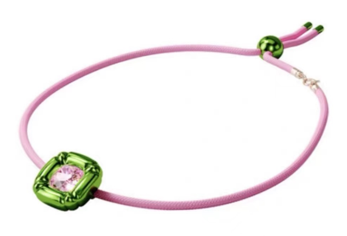Collar Swarovski Cordón Rosa Dije Cuadrado Verde