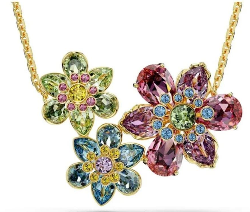 Collar Swarovski Tres Flores Multicolor Pavé Dorado