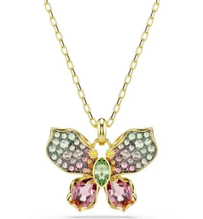 Collar Swarovski Mariposa Multicolor Cristal Verde y Rosa