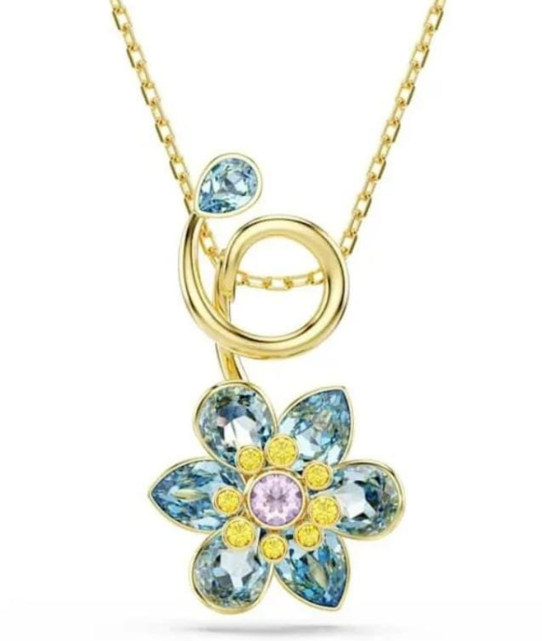 Collar Flor Cristales Azul Topacio y Rosa