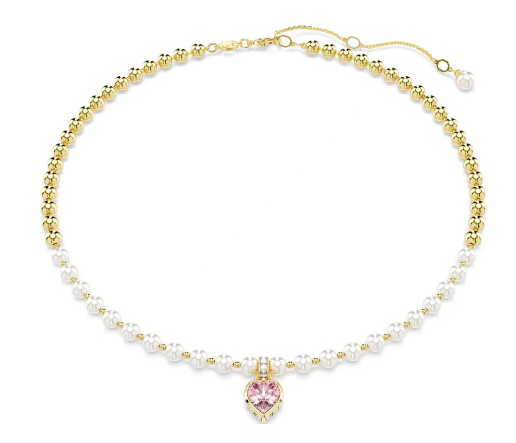 Collar Perlas y Bolitas Doradas Corazón Rosa