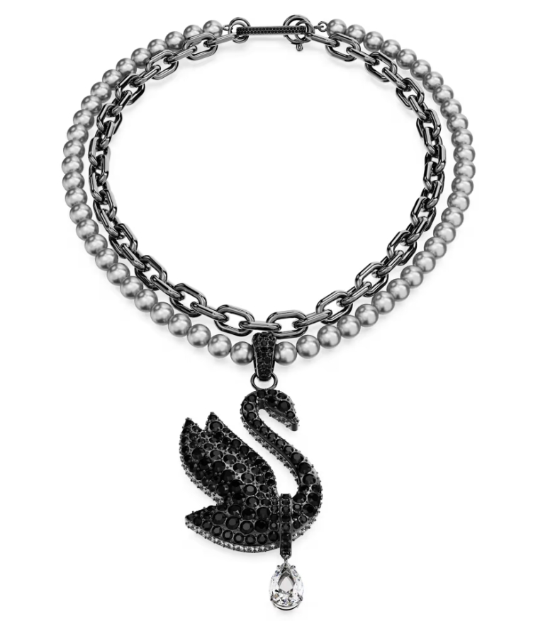 Collar Cisne Negro con Perlas y Gota Transparente