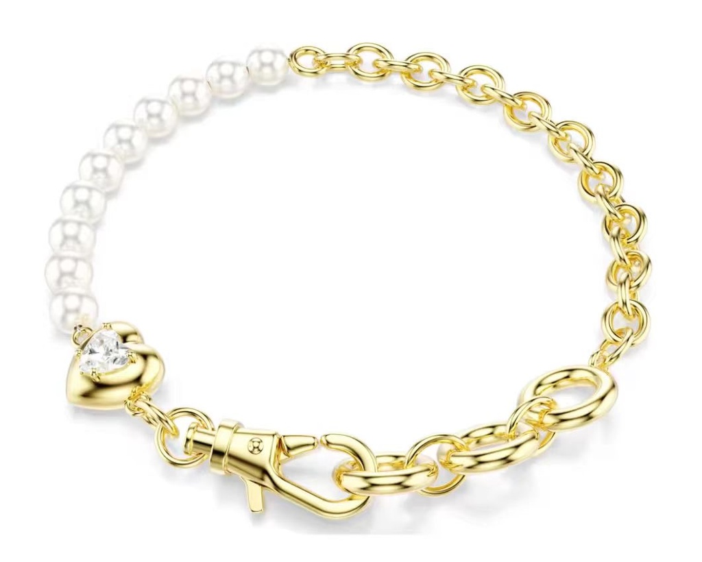 Brazalete Swarovski perlas y broche corazón dorado