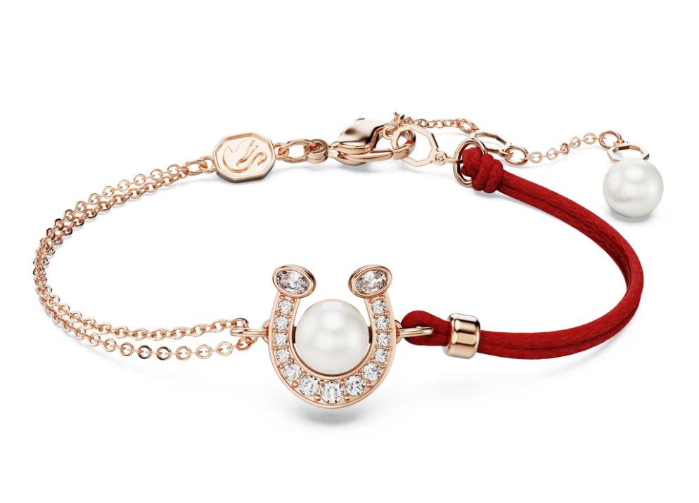 Brazalete Swarovski Herradura Perla Cordón Rojo