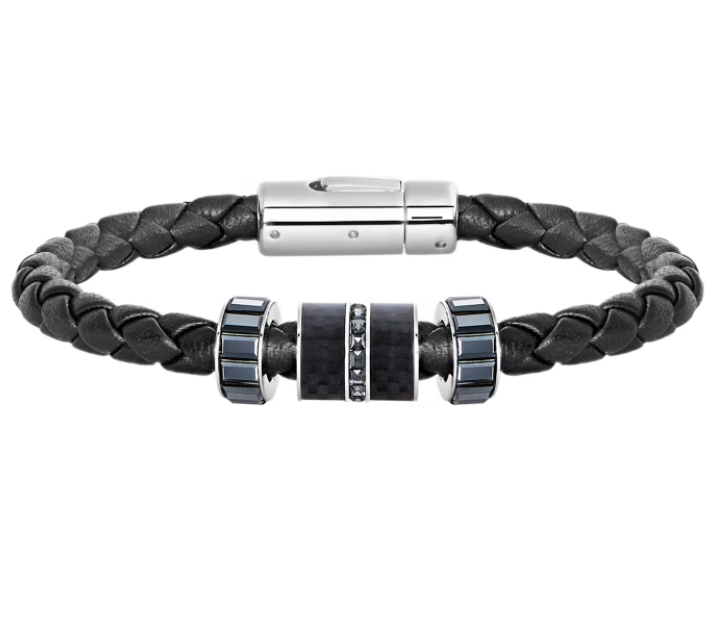 Brazalete cuero trenzado negro fibra de carbono Mediano