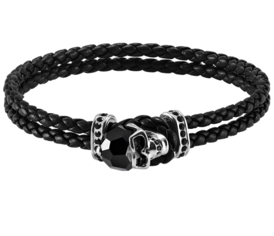 Brazalete de cuero negro con calavera plateada