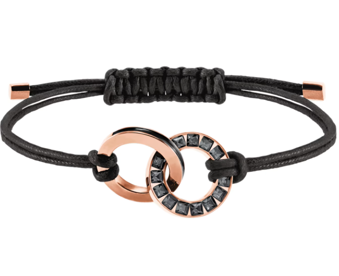 Brazalete cordón negro aros entrelazados oro rosa