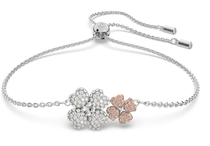 Brazalete flor pavé y trébol rosa, acabado rodio