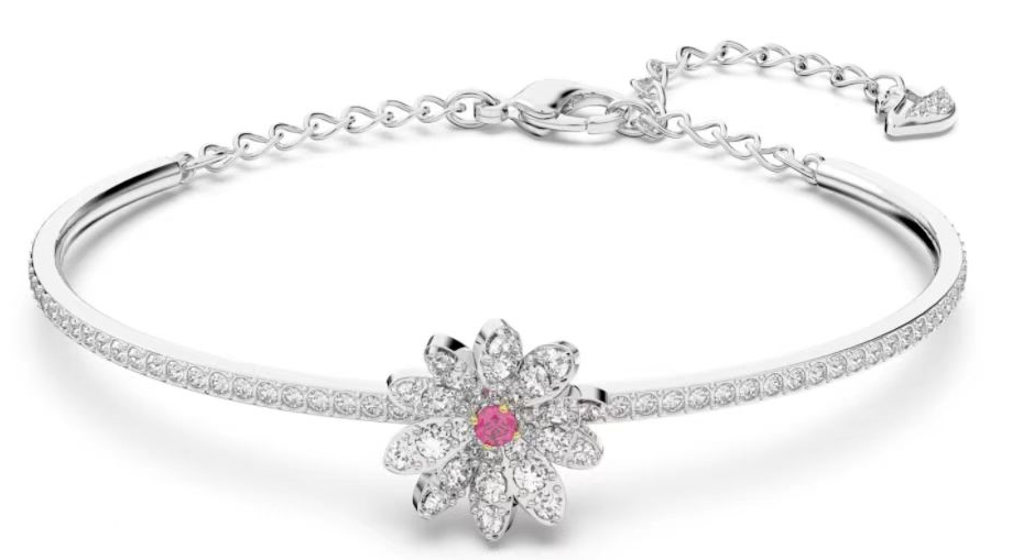 Brazalete rígido flor pavé con centro rosa fucsia