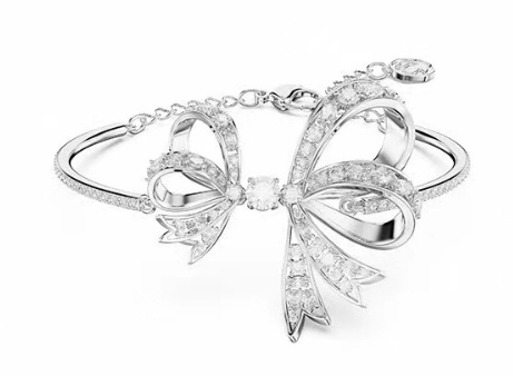 Brazalete rígido y cadena lazo pavé cristal blanco