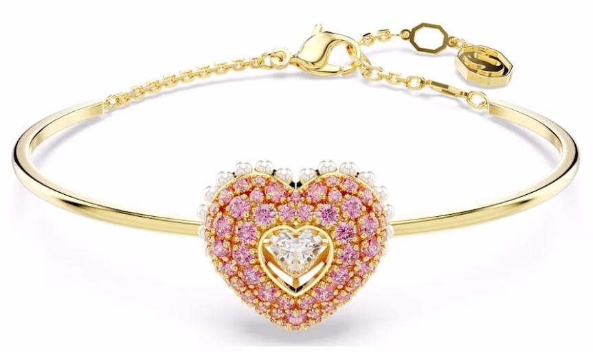 Brazalete Swarovski corazón pavé rosa con perlas tono dorado