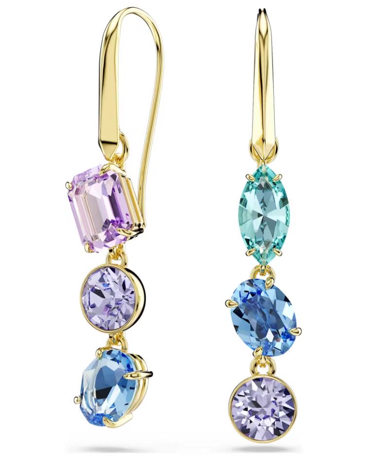 Aretes Swarovski Gema Colgante Lila y Azul Asimétrico