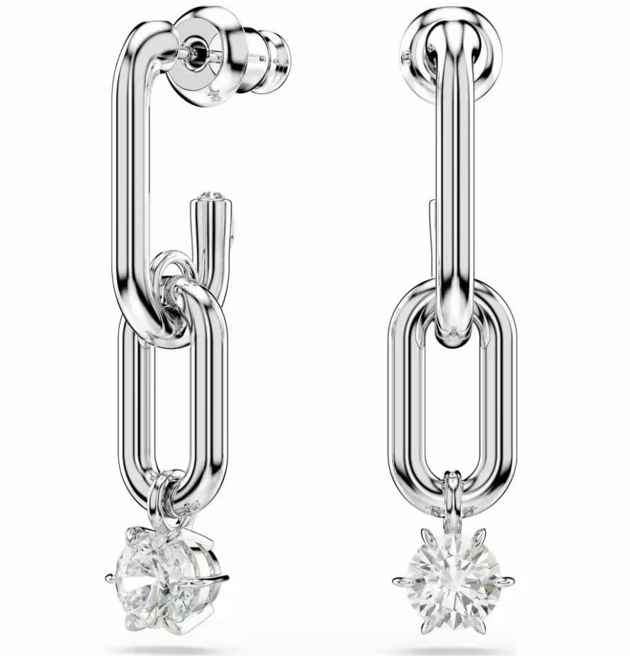 [E352] Aretes cadena eslabones plata con cristal redondo
