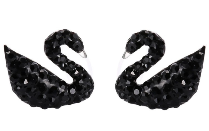 Aretes Swan Cisne Cristales Negros de Botón Rodio