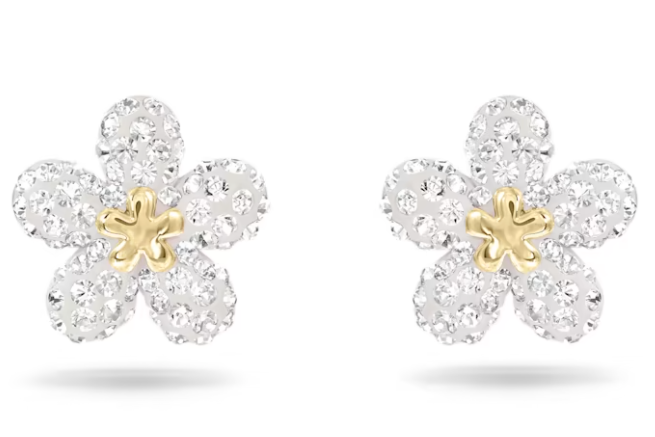 Aretes Swarovski flor pavé blanco y centro dorado