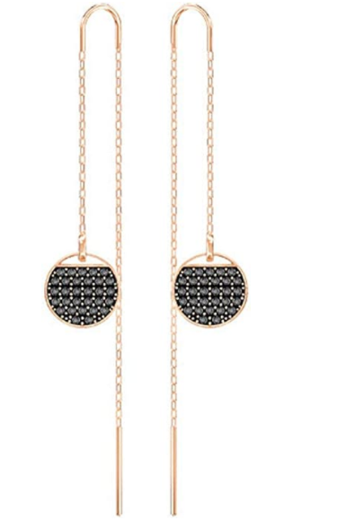 Aretes Swarovski disco pavé negro cadena oro rosa