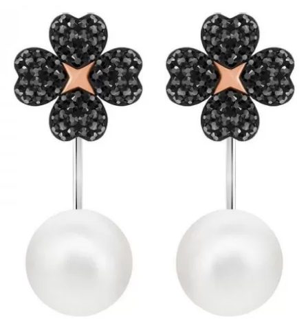 Aretes Swarovski Trébol Negro y Perla