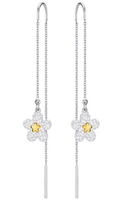 Aretes Swarovski Cadena Flor Blanca y Dorada