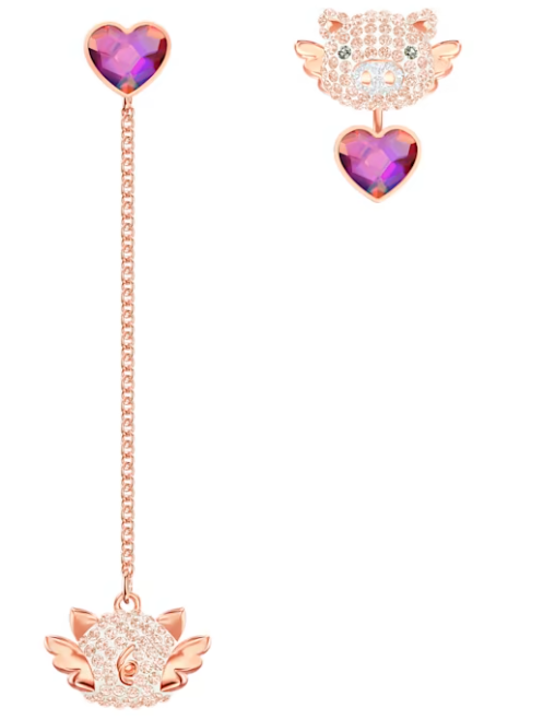 Aretes Swarovski Cerdito Alado y Corazón Morado