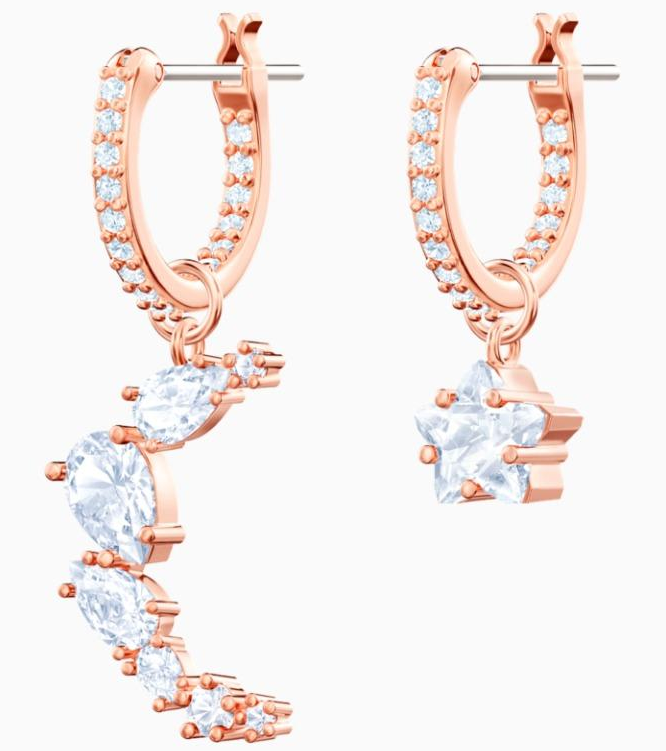 Aretes Swarovski Asimétricos Cascada de Cristales Oro Rosa