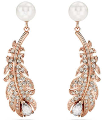 Aretes Swarovski Pluma Pavé Oro Rosa y Perla