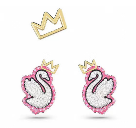 Aretes Swarovski Swan cisne rosa corona dorada