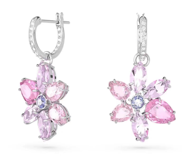 Aretes Swarovski Flor Colgante Rosa y Lila