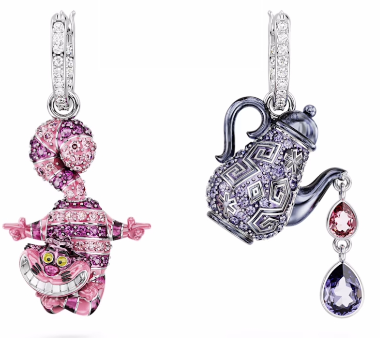 Aretes Swarovski Gato Sonriente y Tetera Rodio