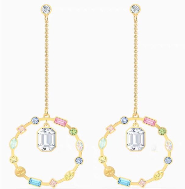 Aretes Swarovski Gema Colgantes Aro Multicolor con Cristal Central