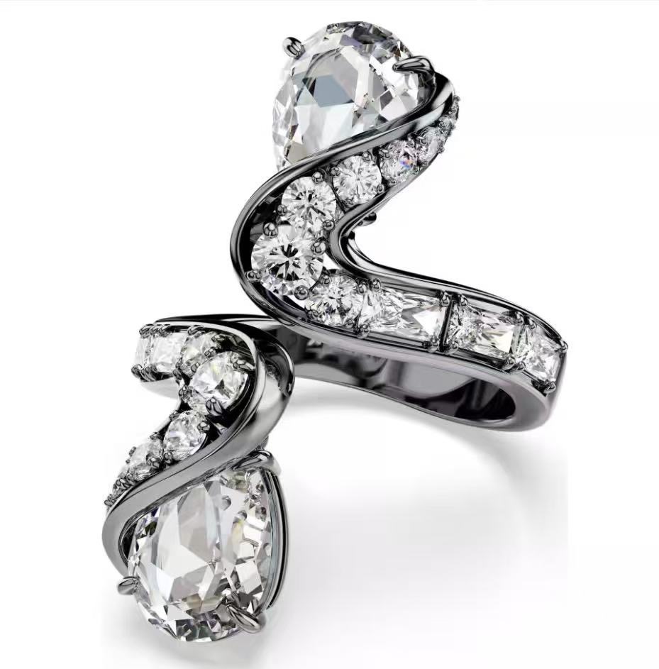 Anillo Swarovski Espiral Doble Pera Rodio Oscuro
