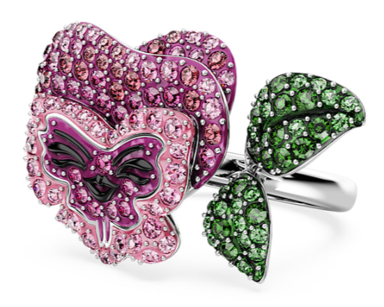 Anillo flor pensamiento y hoja rodio