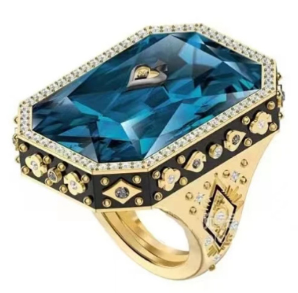 Anillo cóctel cristal octagonal azul esmalte negro oro