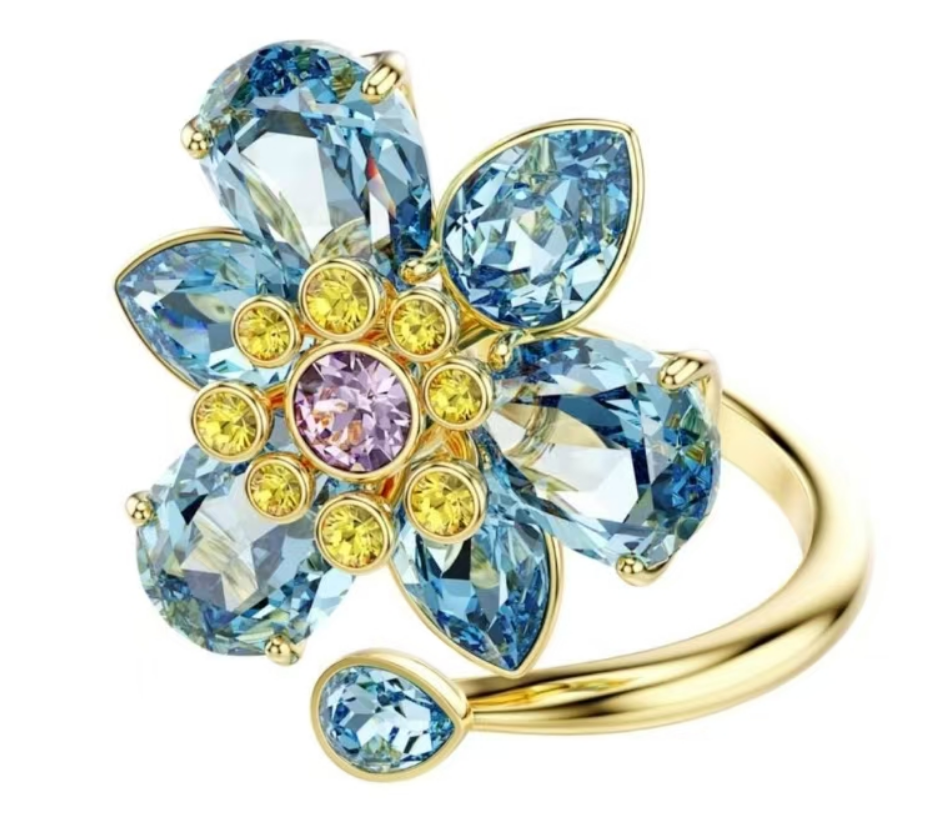 Anillo Swarovski Flor Cristales Celeste y Lila
