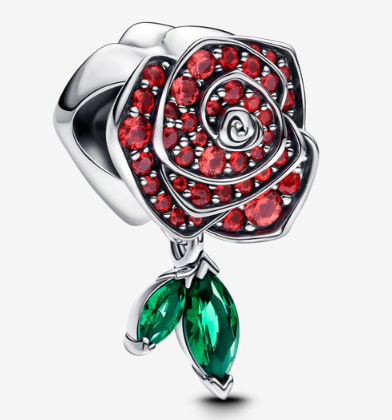 Charm Pandora rosa roja pavé con hojas