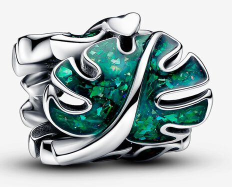 Charm Pandora hoja tropical verde con destellos